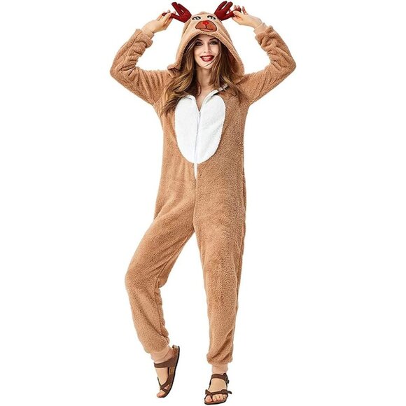Reindeer Women Pajamas Fleece Christmas Costumes Onesie Party Jumpsuit S… - Picture 5 of 6